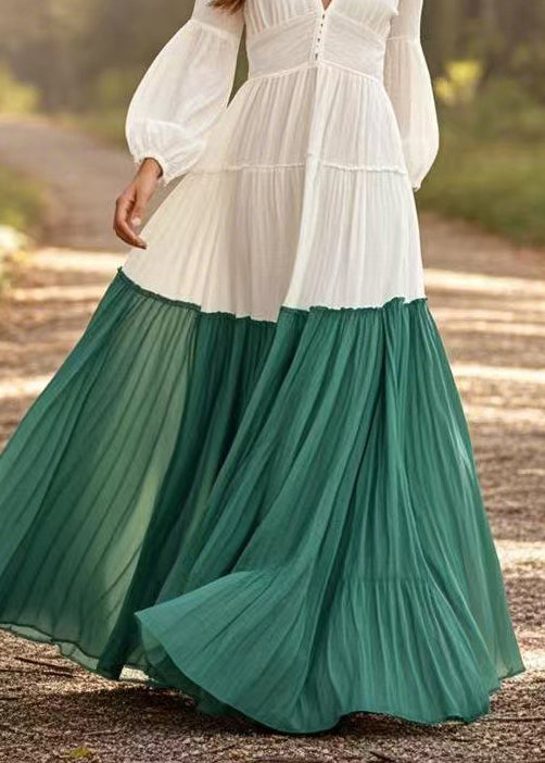 White V Neck Patchwork Exra Large Hem Cotton Pleated Dresses Spring