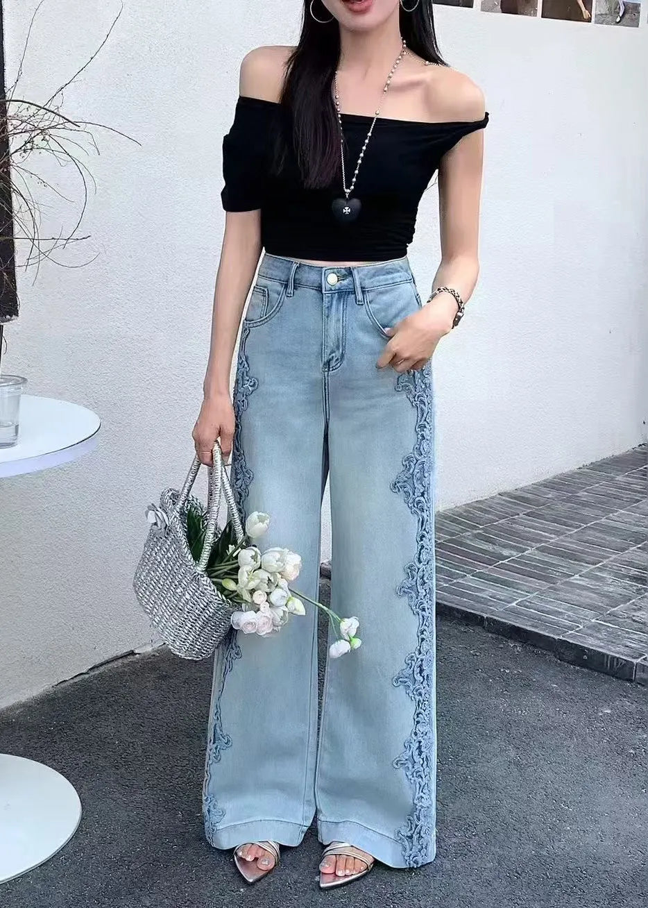 Blue Hollow Out Patchwork Lace Denim Straight Pants Fall