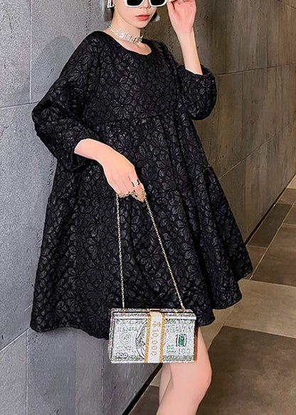 Black O-neck a Line Mid Dress Long Sleeve