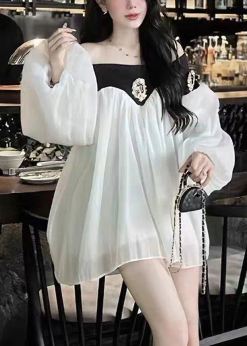 Black Slash Neck Patchwork Chiffon Mid Dress Lantern Sleeve