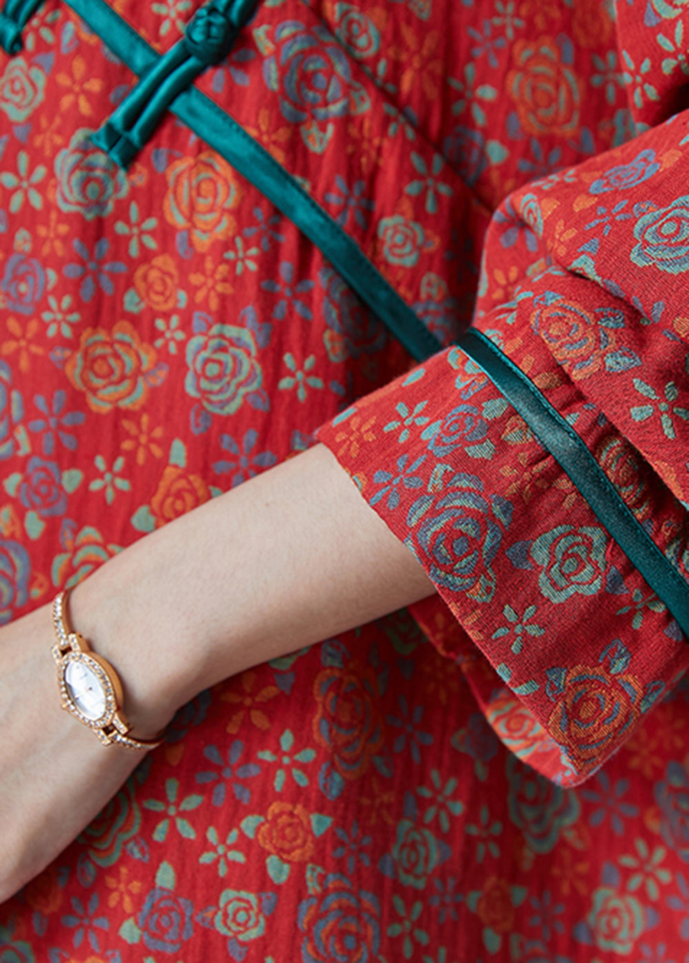 Italian Red Print Chinese Button Cotton Two-piece Set Spring