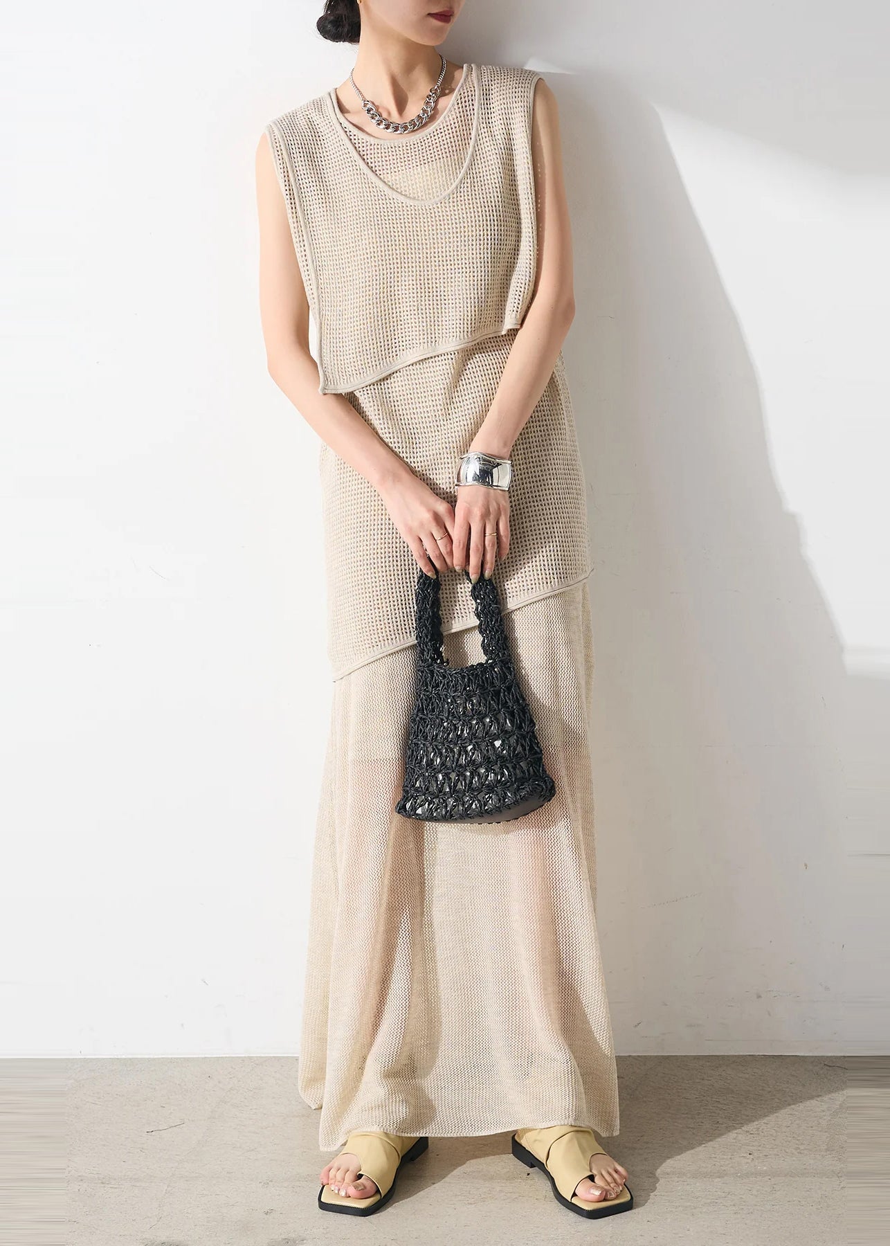 Beige Asymmetrical Hollow Out Tulle Two Piece Set Outfits Sleeveless