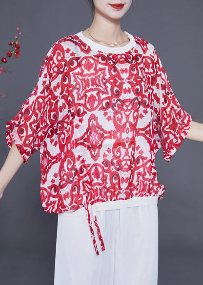 Red Oversized Print Drawstring Cotton Tanks Batwing Sleeve