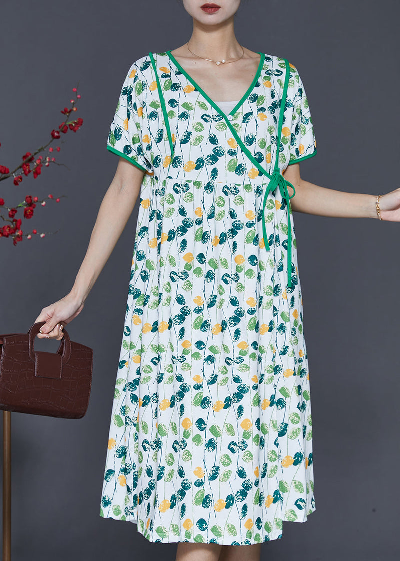 Green V Neck Print Cotton Dresses Summer