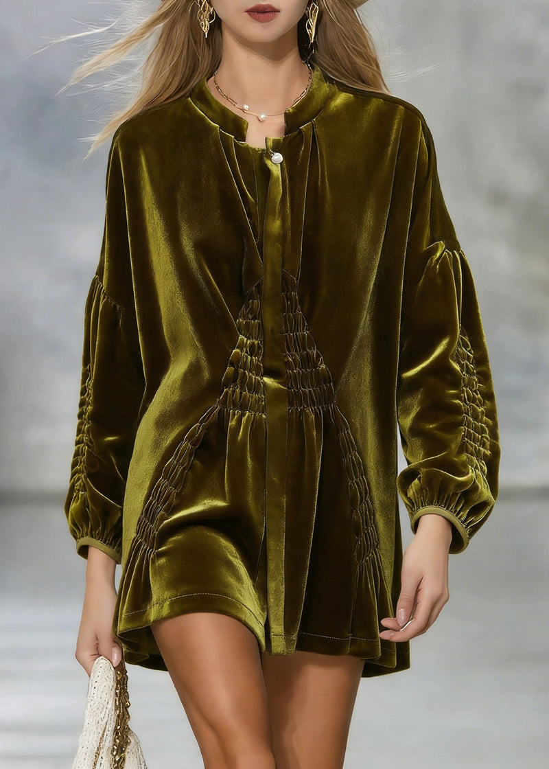 Stylish Army Green Oversized Wrinkled Silk Velour Shirt Spring