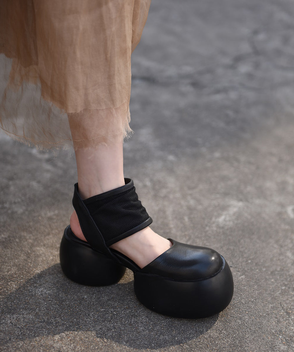 New Black Cowhide Leather Chunky Sandals