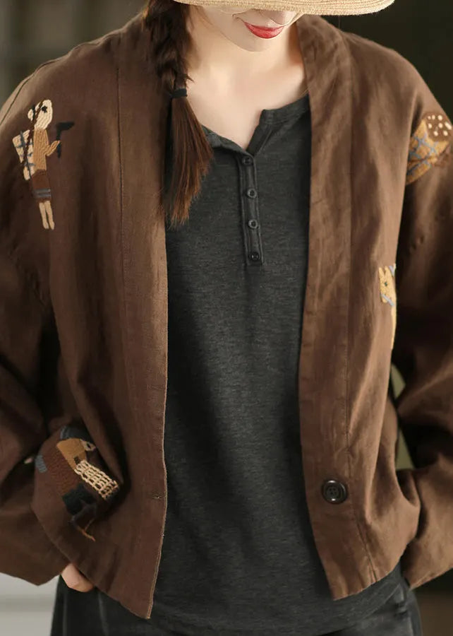 Linen Embroidered Button Cozy Coats Fall