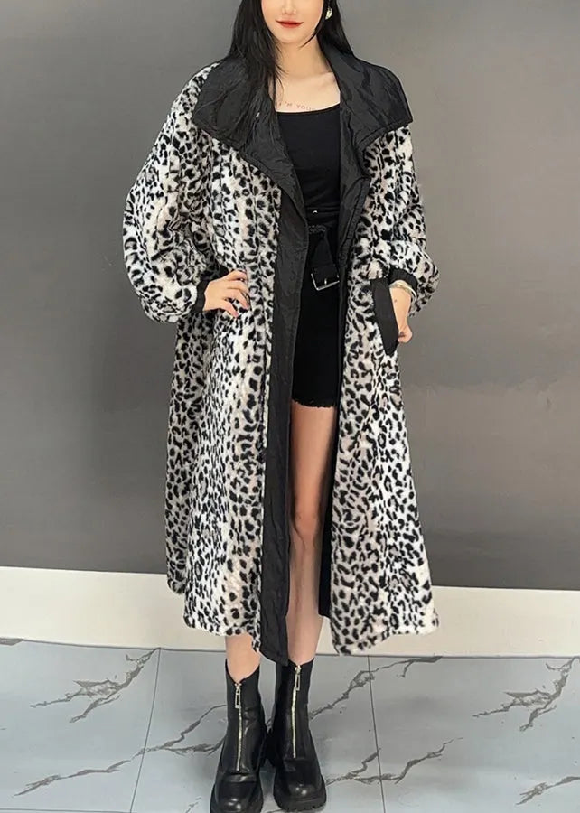 Dark Grey Leopard Patchwork Pockets Long Trench Coat Spring