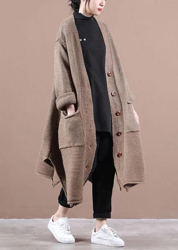 Chocolate V Neck Pockets Fall Long Sweater Coat
