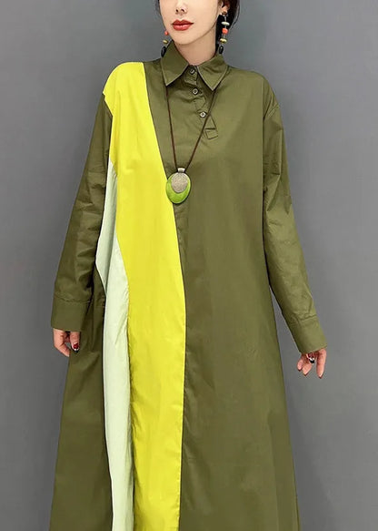 Army Green Peter Pan Collar Patchwork Cotton Maxi Dresses Spring