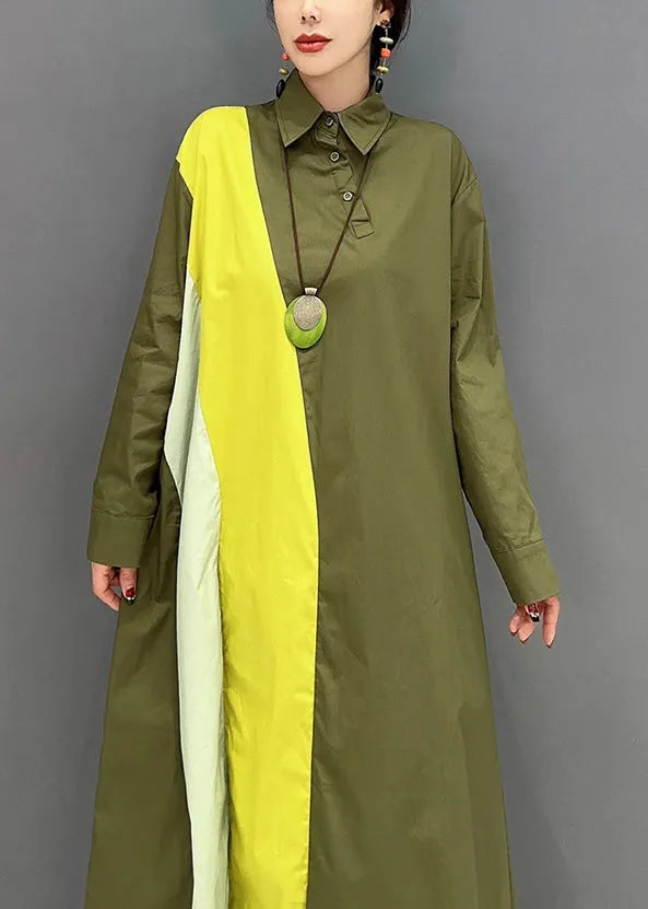 Army Green Peter Pan Collar Patchwork Cotton Maxi Dresses Spring