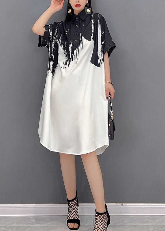 Black Peter Pan Collar Print Button Silk Dress Short Sleeve