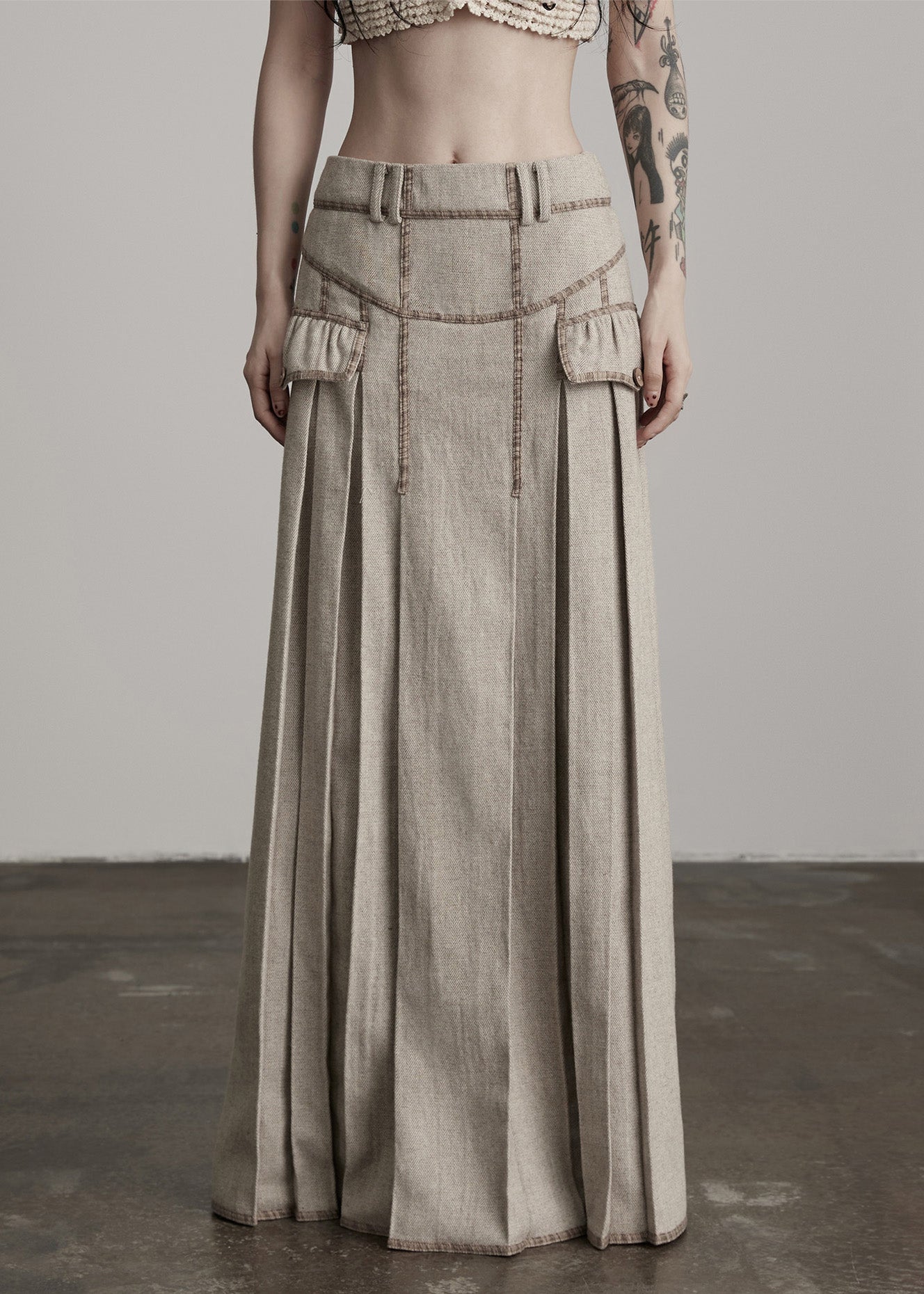 Apricot Wrinkled High Waist Patchwork Woolen Skirts Winter