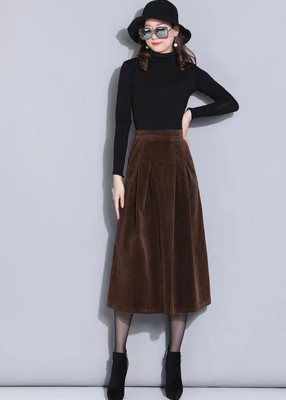 Brown Elastic Waist Pockets Corduroy a Line Skirts Spring