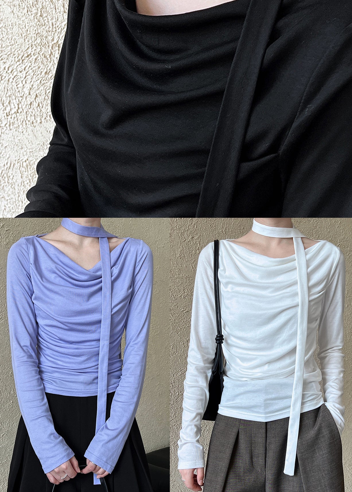 Black Wrinkled Cotton T Shirts Top Long Sleeve