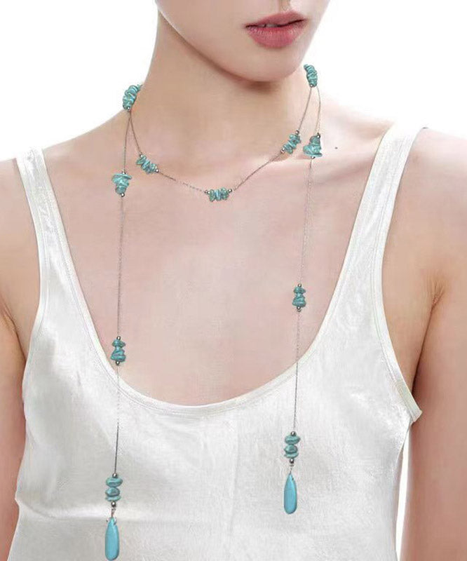 Blue Stainless Steel Turquoise Beads Sweater Pendant Necklace