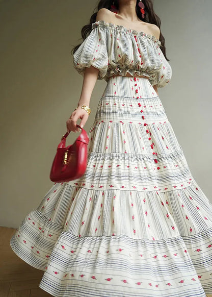Striped Ruffled Print Tops and Skirts Cotton Two Pieces Set Summer