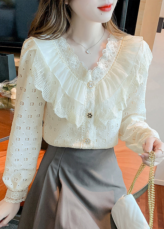 Apricot Ruffled Hollow Out Patchwork Lace Shirts Fall