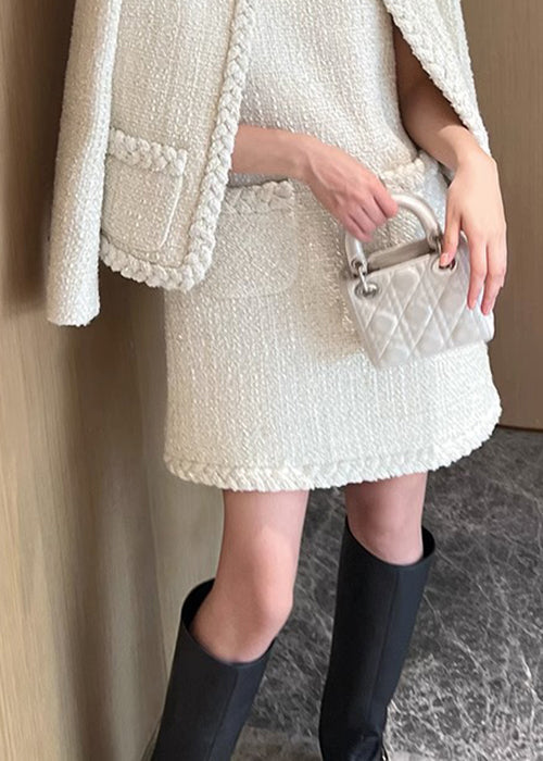 New White O-neck Pockets Cotton Two Pieces Set Fall