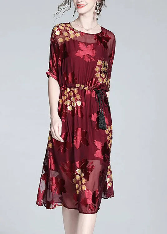 Diy Red O-neck Print Tunic Silk Maxi Dresses and Slip Dress Two Pieces Set Summer