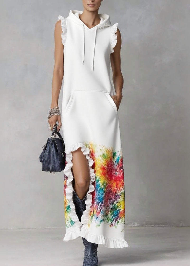 White Ruffled Print Drawstring Vacation Hooded Dresses Summer