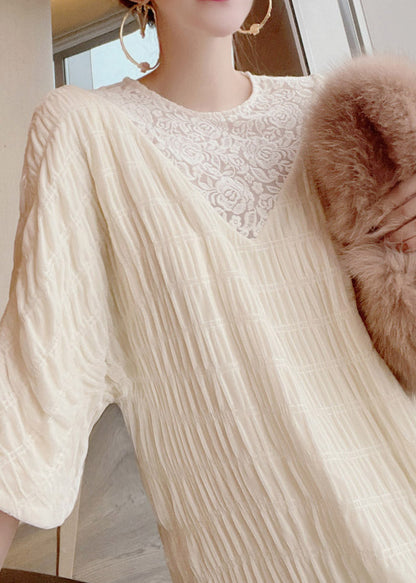 French Apricot O-neck Lace Patchwork Silk Maxi Dresses Long Sleeve Summer