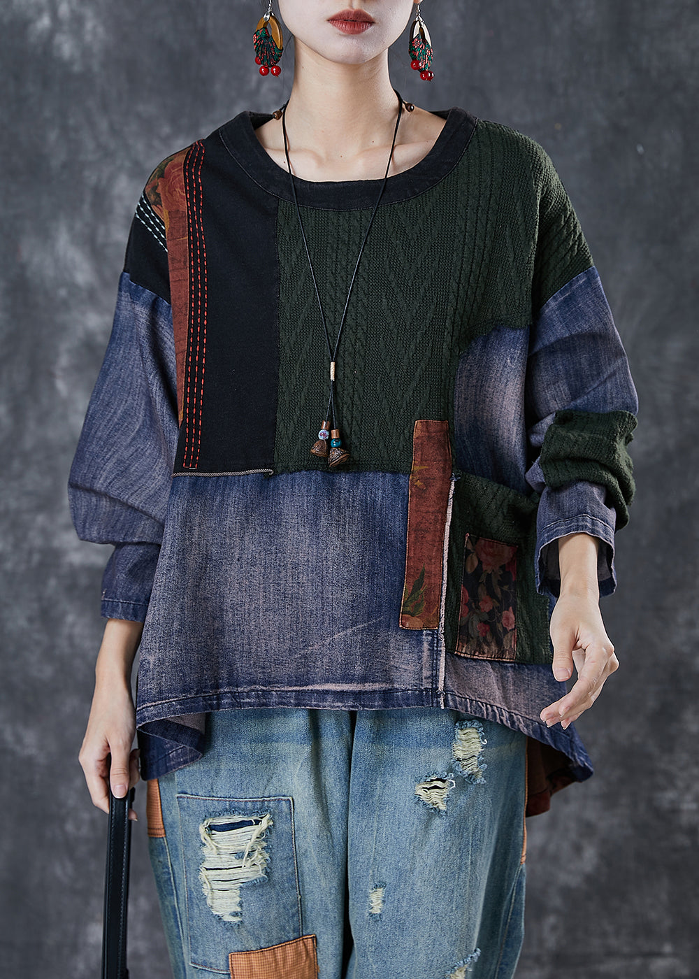 Navy Patchwork Denim Shirt Asymmetrical Oversized Spring