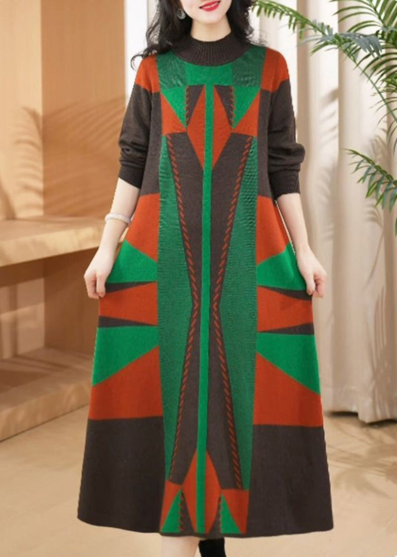 Green O Neck Geometric Woolen Long Knit Dress Winter