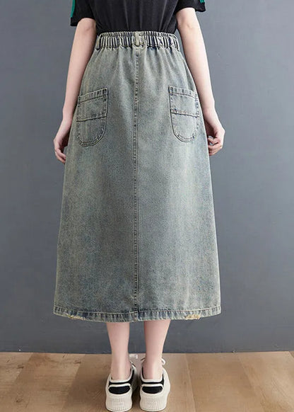 Denim Blue Hole Elastic Waist a Line Skirts Summer