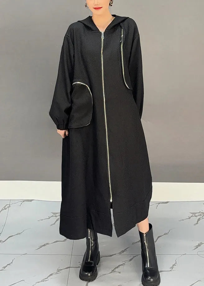 Coffee Patchwork Zippered Hooded Maxi Trench Coat Spring