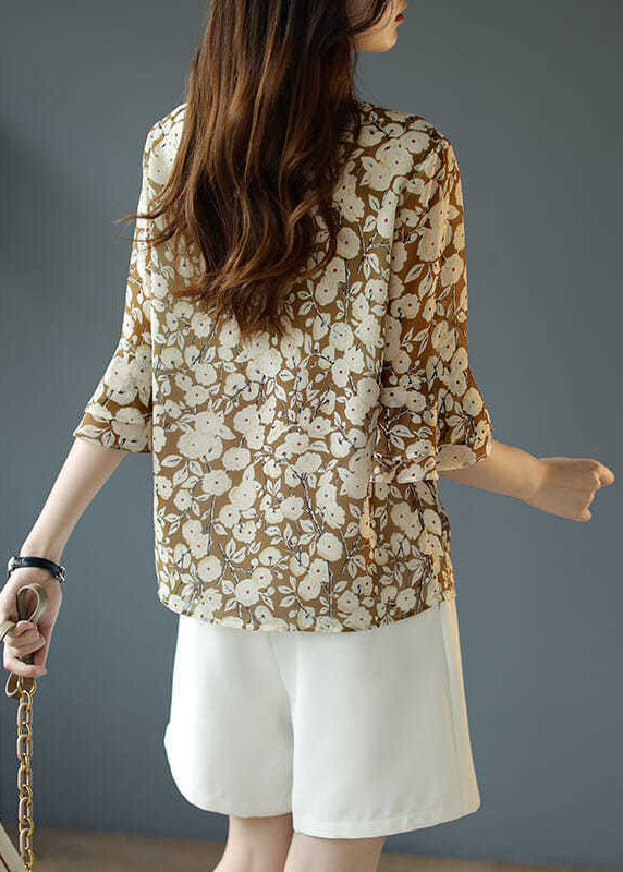French Green O-neck Print Chiffon Shirt Top Flare Sleeve