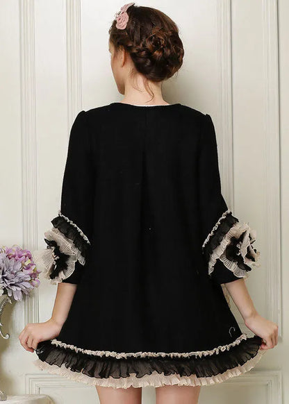 Black O-neck Nail Bead Woolen Coats Bracelet Sleeve