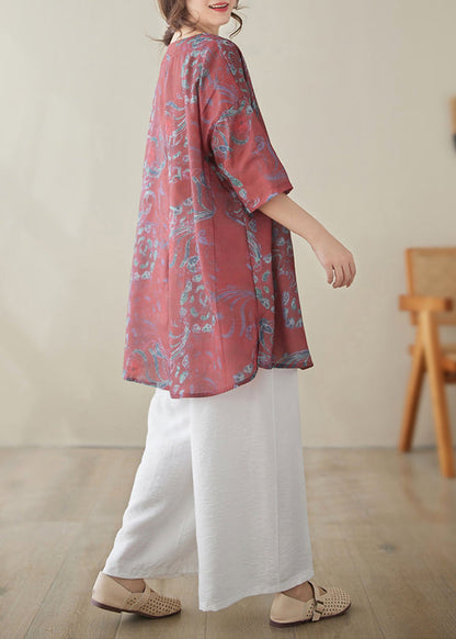 Red Print Linen Tops Half Sleeve