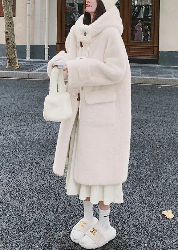 White Hooded Pockets Mink Velvet Coats Spring