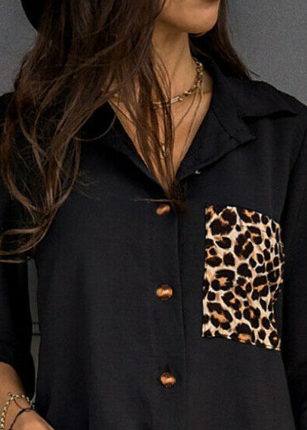 Black Peter Pan Collar Leopard Print Cotton Blouse Tops Long Sleeve