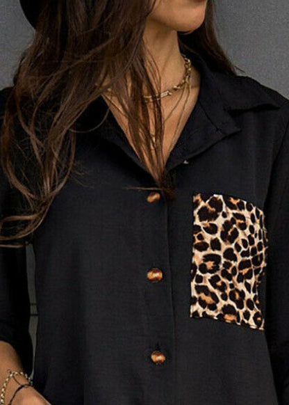 Black Peter Pan Collar Leopard Print Cotton Blouse Tops Long Sleeve