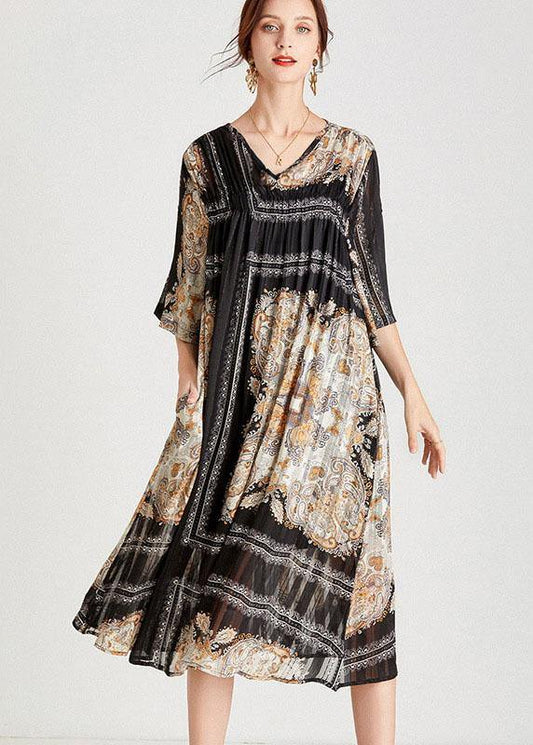Classy Black Apricot V Neck Print Fall Chiffon Party Dresses Half Sleeve