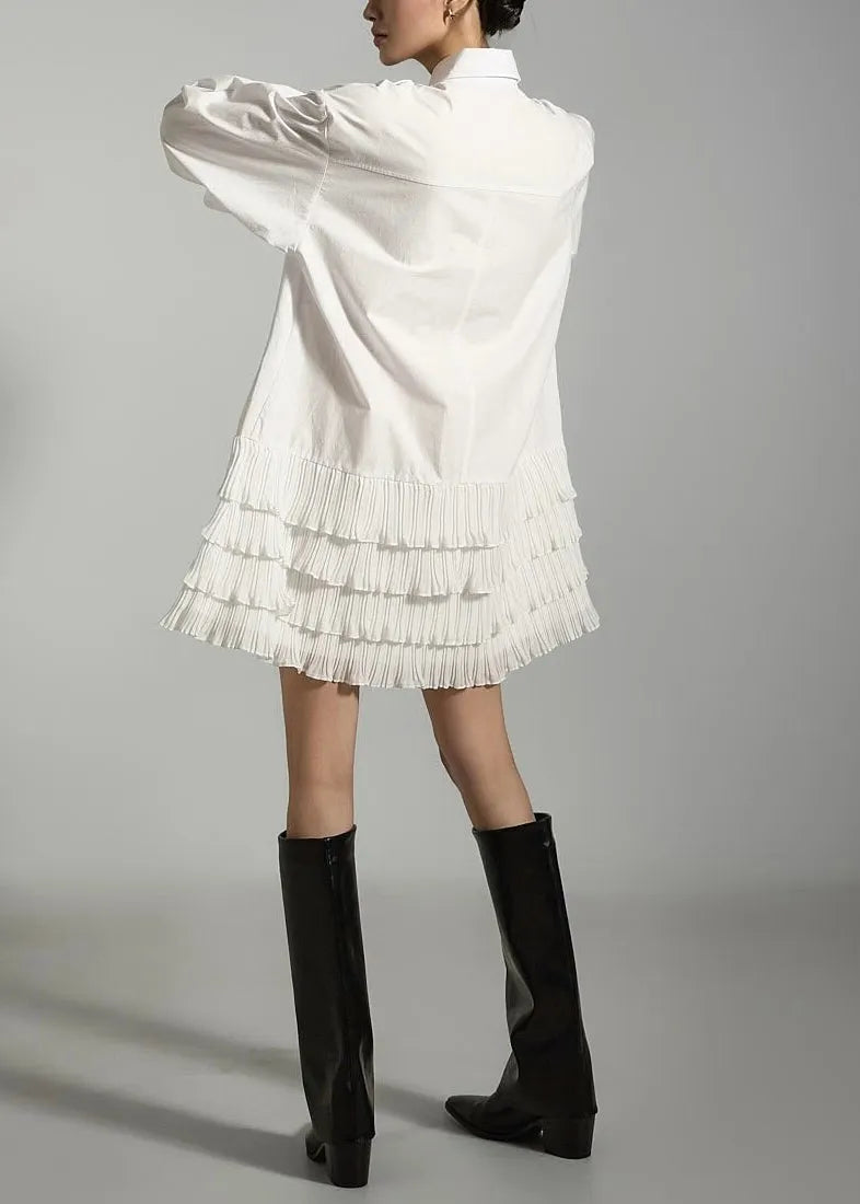 White Wrinkled Pockets Patchwork Cotton Dress Peter Pan Collar