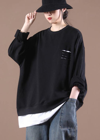 Black Patchwork Pullover Tops