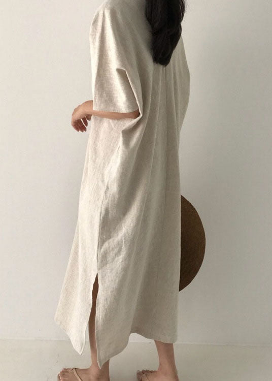 Apricot Side Open Linen Dress Short Sleeve