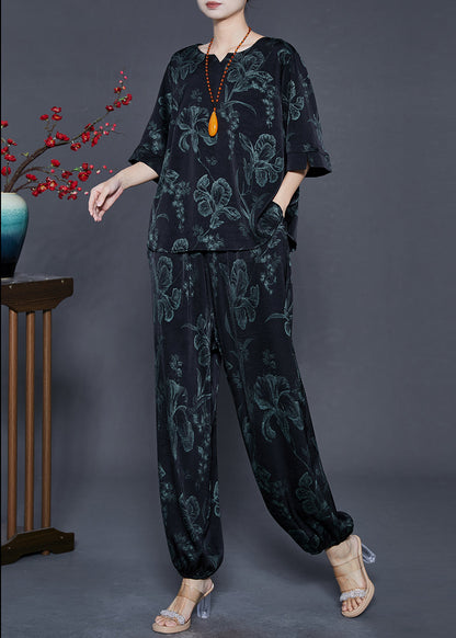 Black Oversized Lily Print Silk Two Pieces Set Summer
