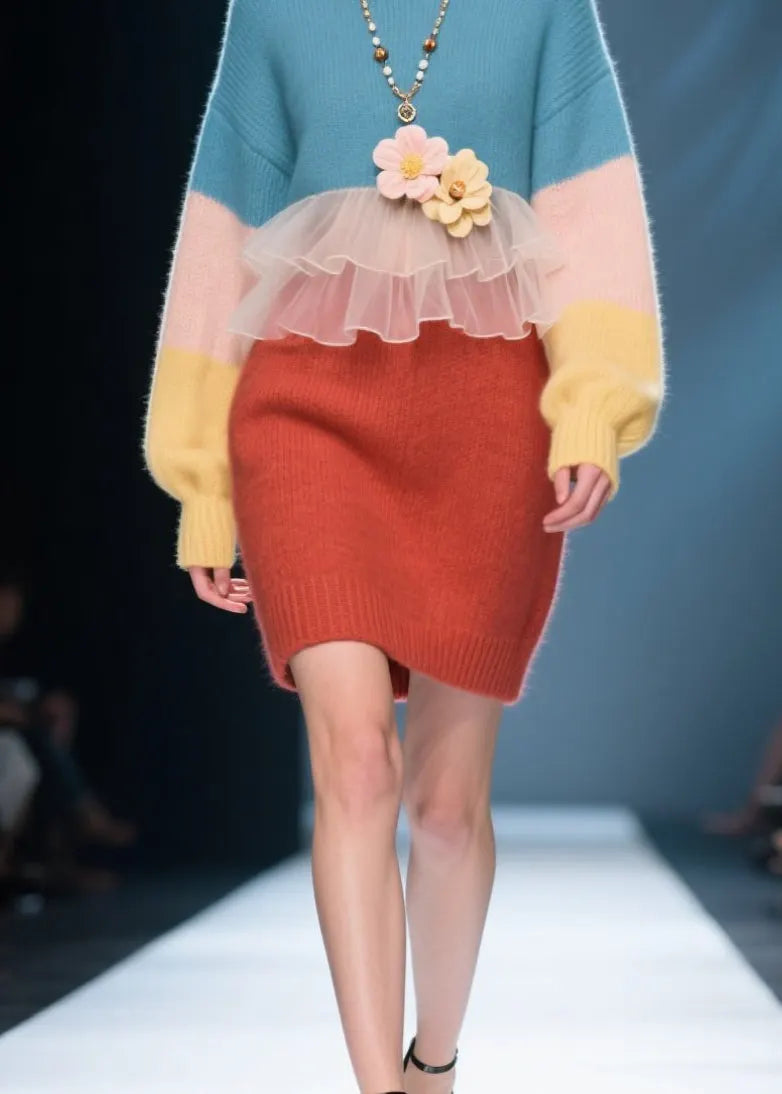 Unique Colorblock O Neck Patchwork Knit Sweater Dress Winter