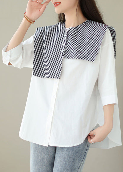 Organic White Plaid Button Shawl and Shirts Two Pieces Set Summer