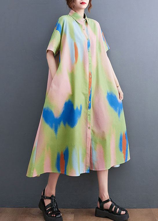 Diy Colorblock Peter Pan Collar Tie Dye Print Button Cotton Shirt Dress Short Sleeve