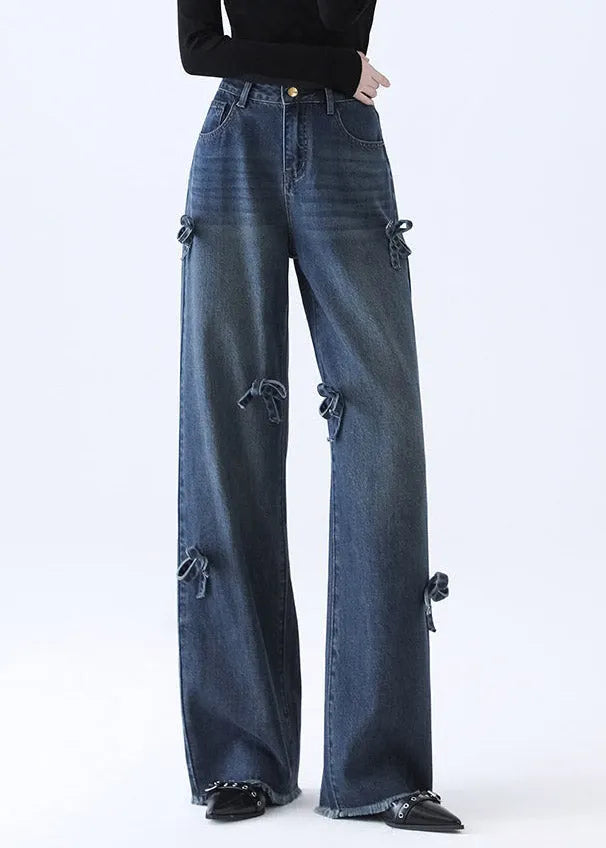 Natural Denim Blue Pockets Patchwork Bow Wide Leg Jeans Spring