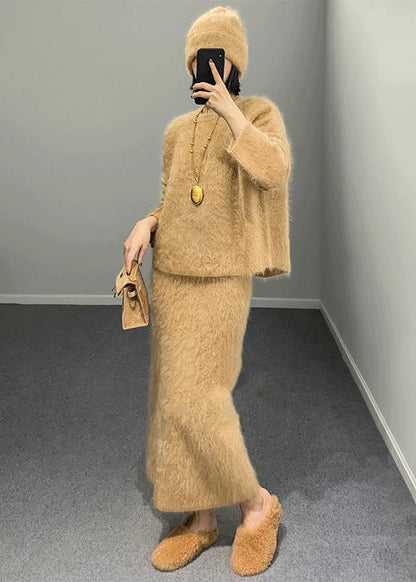 Khaki O Neck Woolen Two Piece Set Outfits Winter