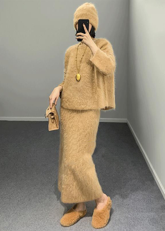 Khaki O Neck Woolen Two Piece Set Outfits Winter