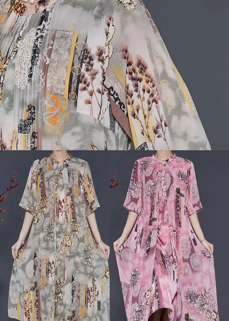 Art Pink Print Draping Silk Fake Two Piece Dresses Half Sleeve