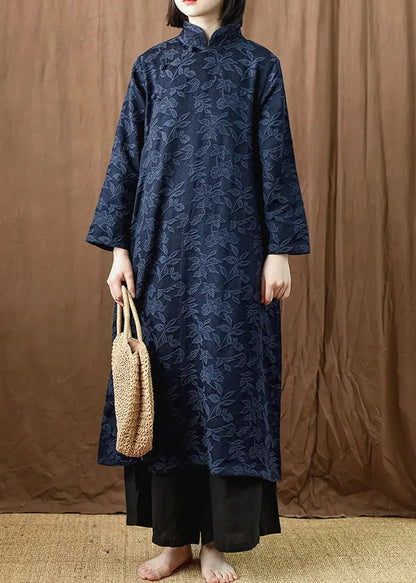 Jacquard Navy Button Pockets Cotton Dress Long Sleeve