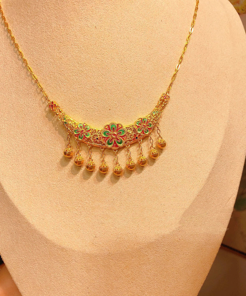 Boutique Gold Alloy Ancient Gold Cloisonne Hollow Out Tassel Pendant Necklace